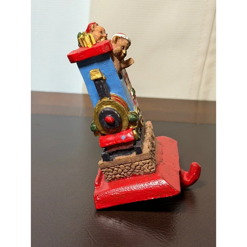Vintage Christmas Train Teddy Bear Stocking Holder Cast Iron Red Blue Holiday